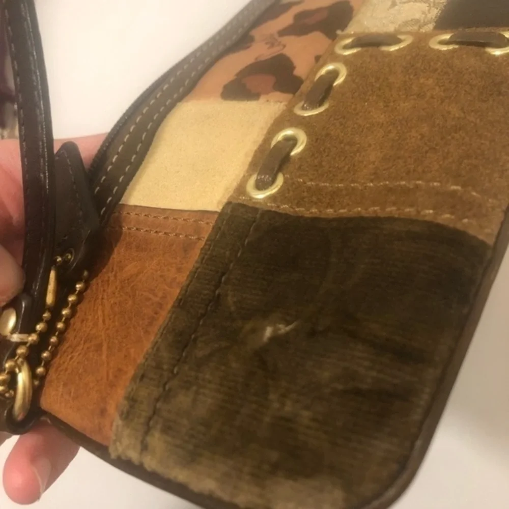 Coach brown multi texture patchwork wristlet bag